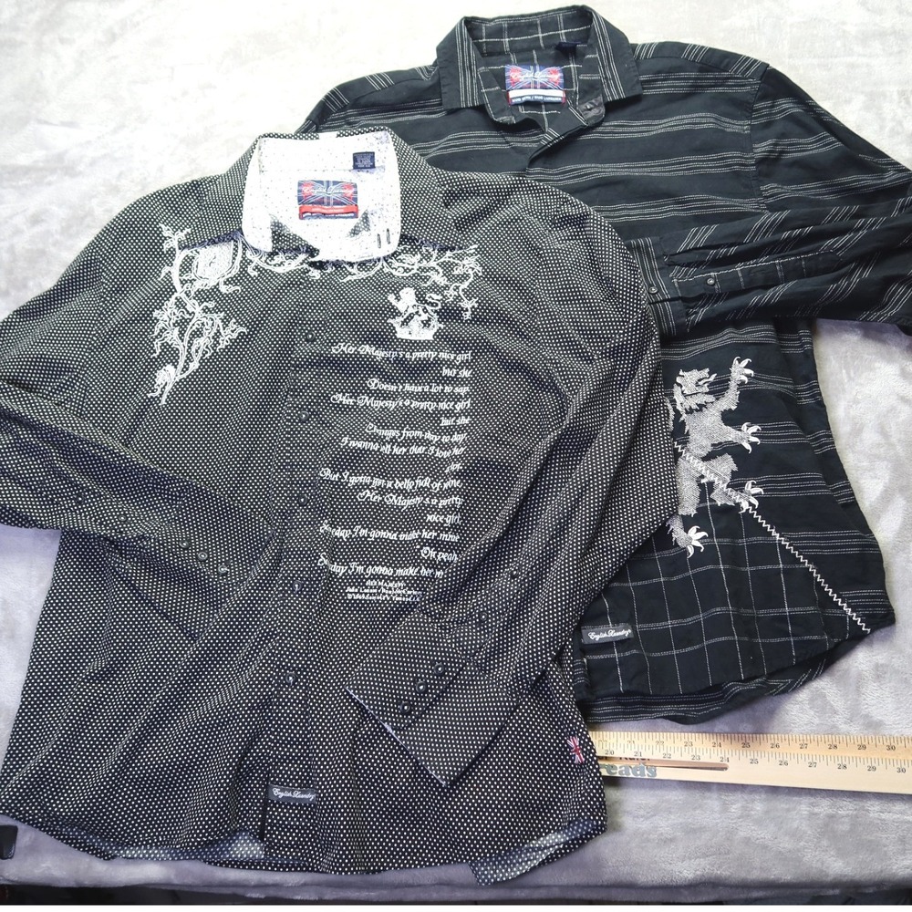 Lot of 2 English Laundry‎ Men's XXL Black Embroidered Graphic Button Down Shirts